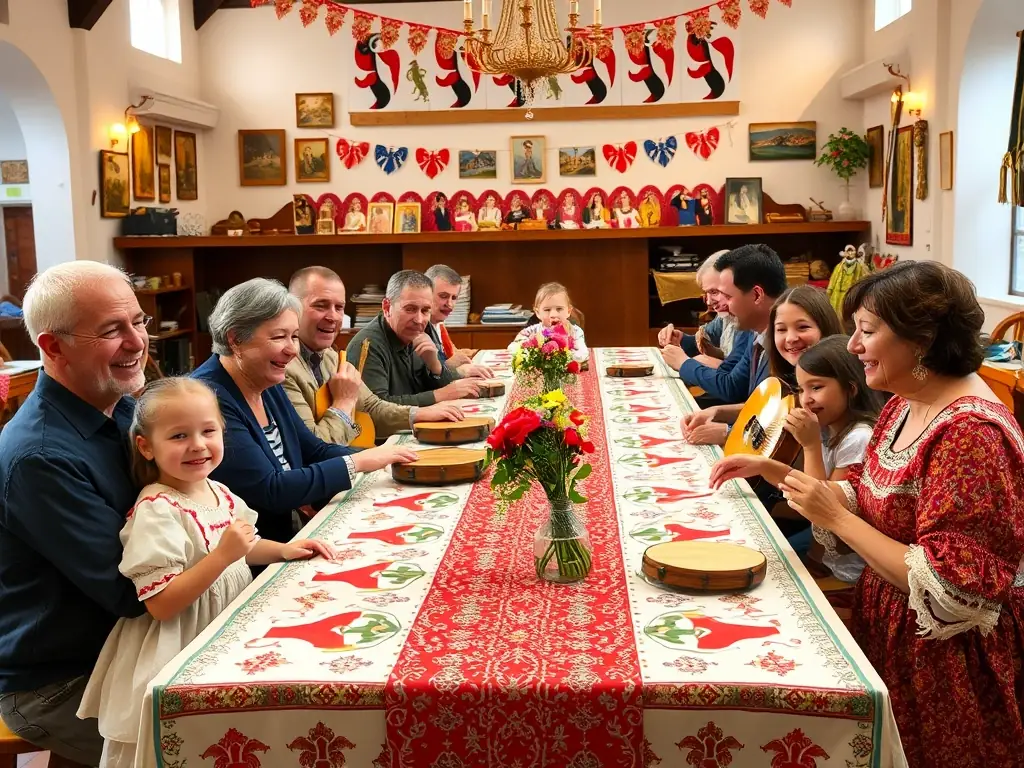 A vibrant photo of participants engaging in a Basque language workshop, with traditional music instruments and colorful decorations, showcasing the interactive and engaging nature of UDA LEKU's cultural language workshops.