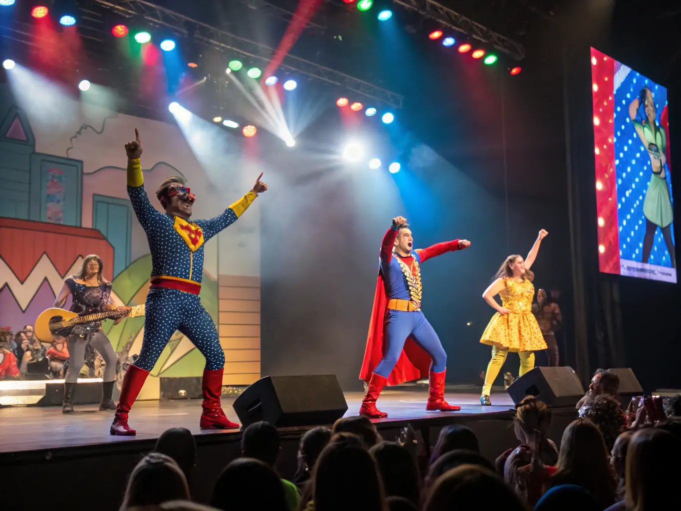 A vibrant photograph capturing a scene from one of COMPANY JUST BEFORE NIGHT's theatrical productions, showcasing actors in costume on stage with dynamic lighting and set design.