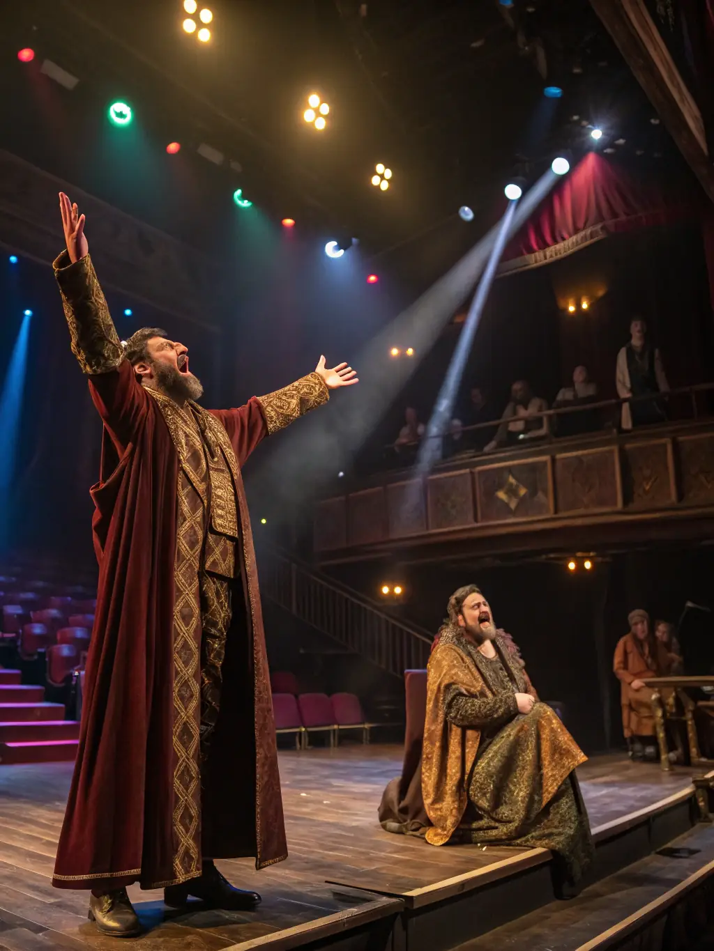 A vibrant stage scene from one of COMPANY JUST BEFORE NIGHT's theatrical productions, showcasing actors in costume under dramatic lighting, capturing the essence of their innovative storytelling.
