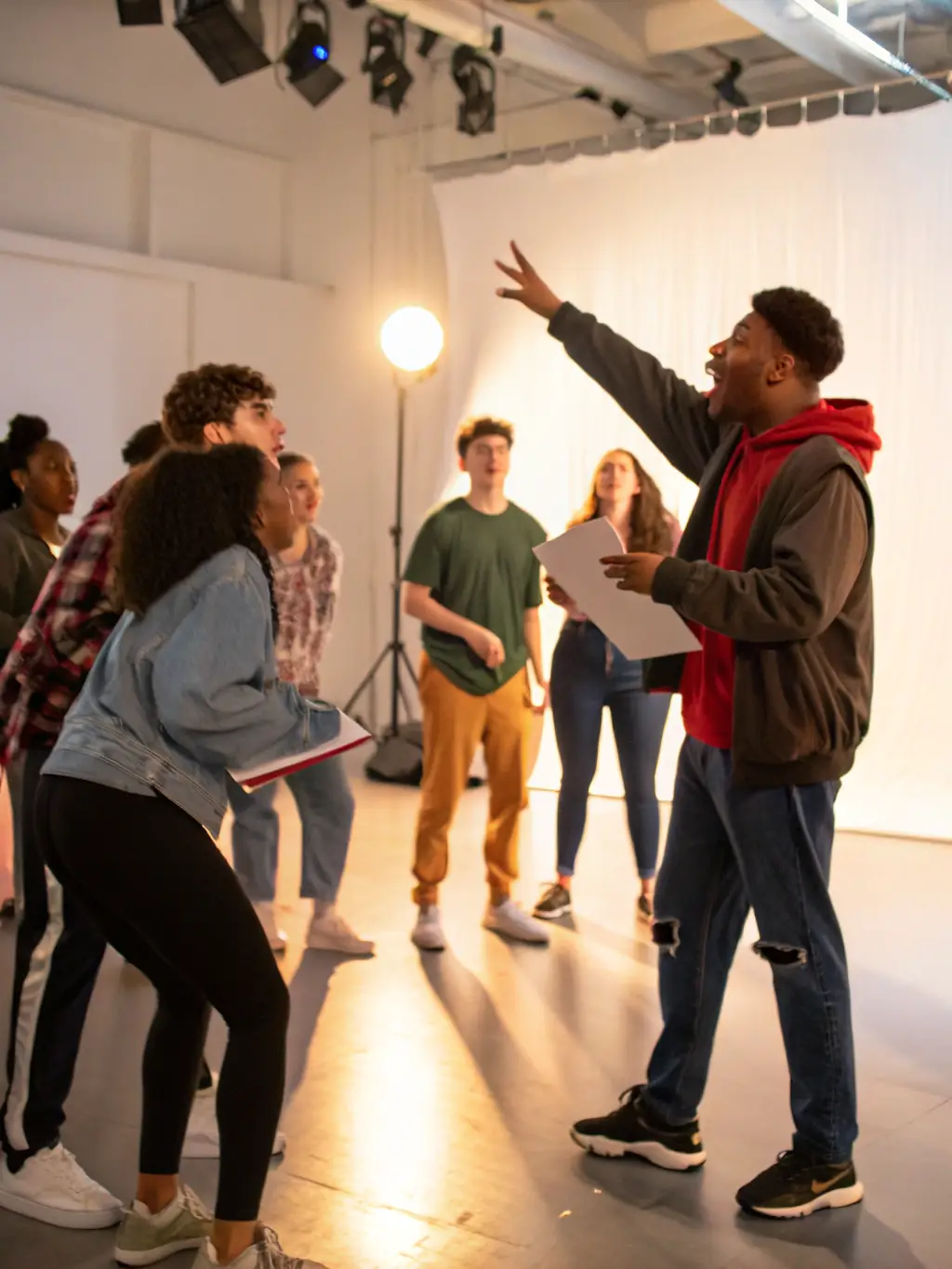 A group of participants actively engaged in a theater workshop, led by an instructor, demonstrating hands-on learning and skill development in acting techniques.