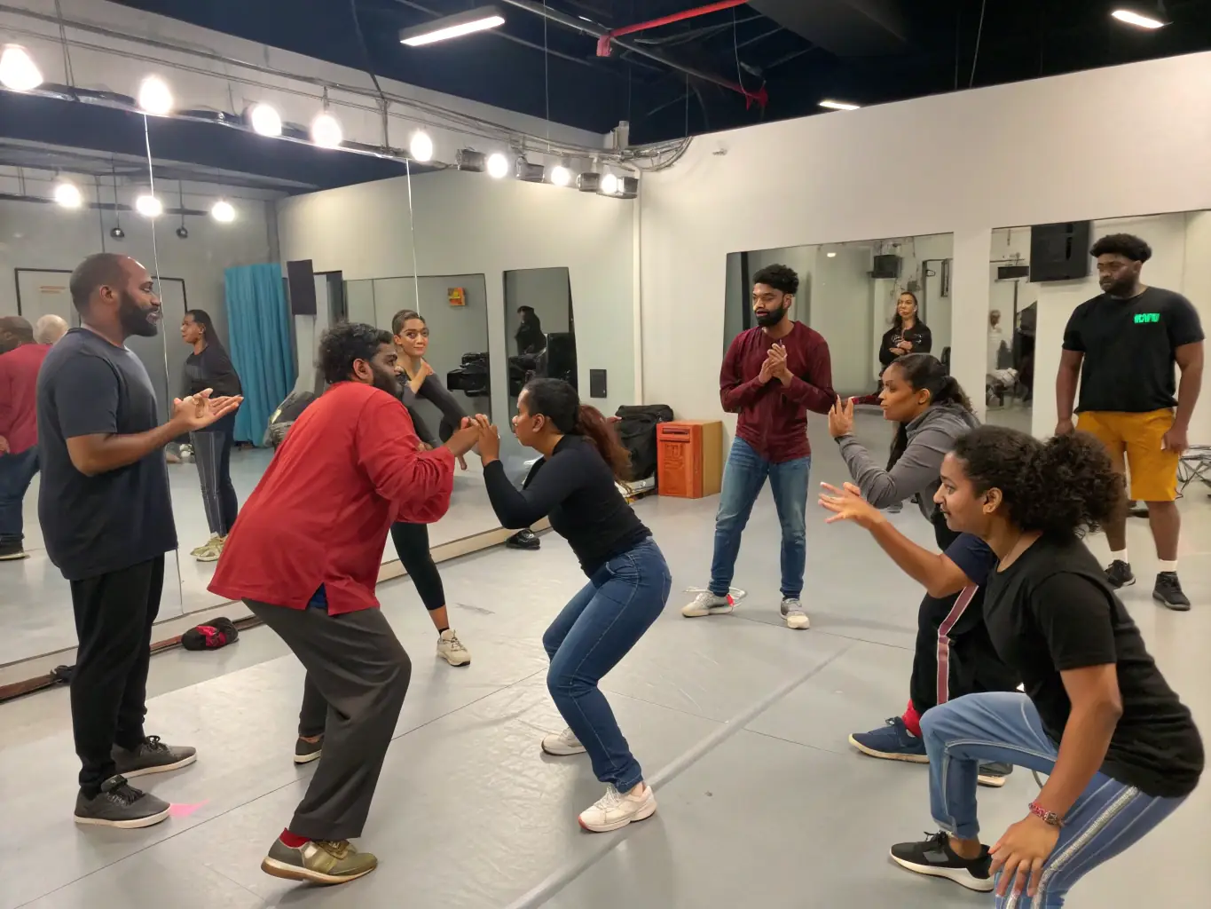 A photograph of a COMPANY JUST BEFORE NIGHT training program, showing participants actively engaged in an acting exercise, with an instructor providing guidance.