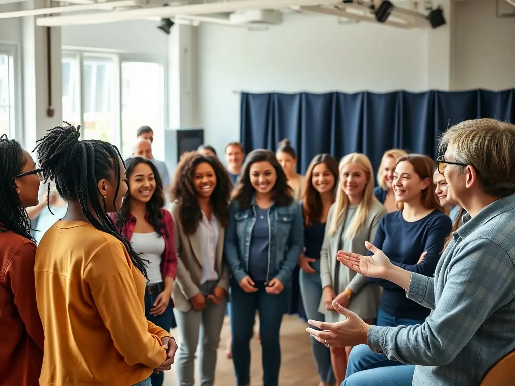 A photograph of a COMPANY JUST BEFORE NIGHT cultural mediation event, depicting diverse community members participating in a theatrical activity, fostering inclusivity and engagement.