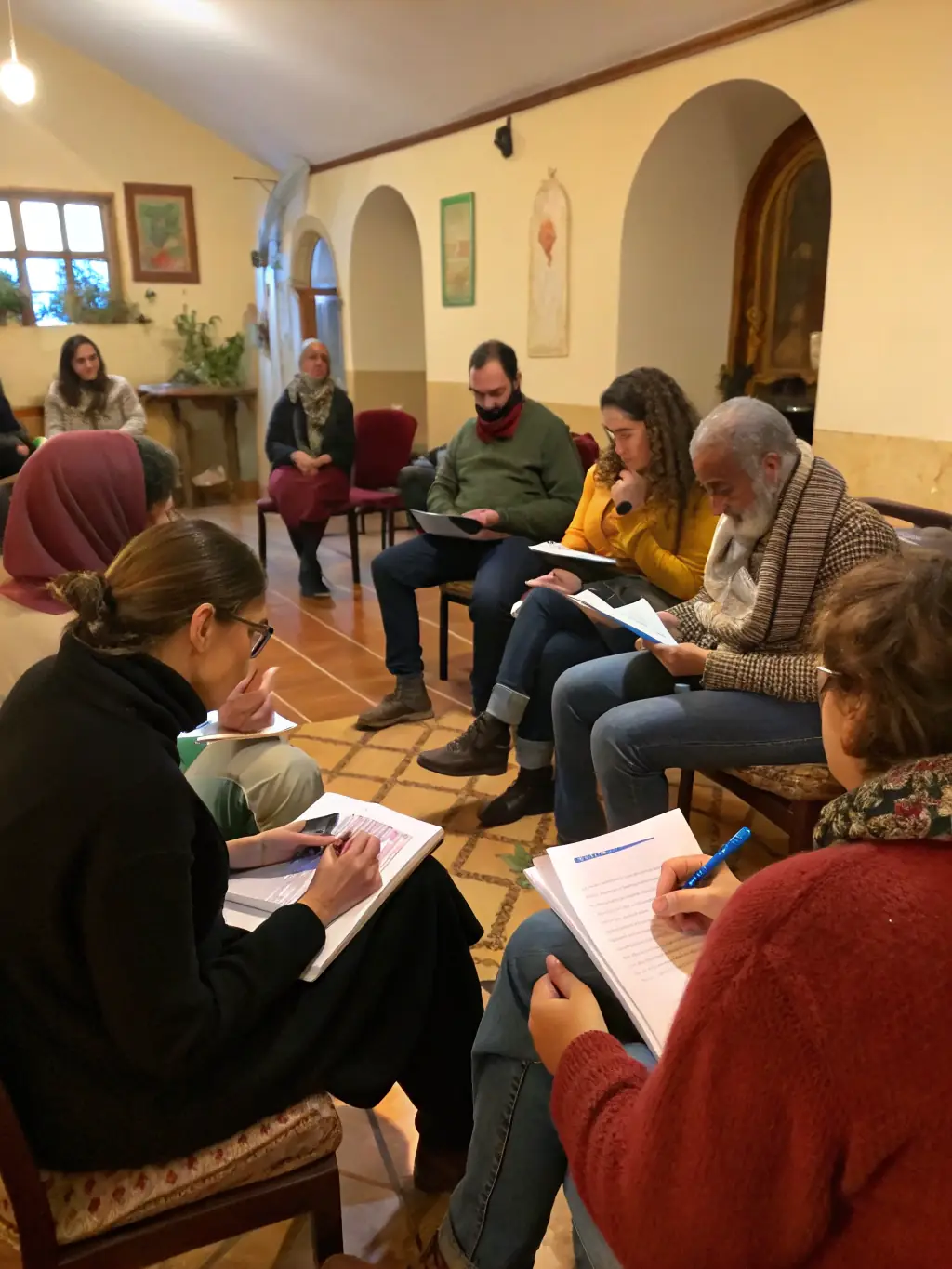 A photo of a cultural mediation event, showing facilitators engaging with community members in an interactive discussion about the performing arts.