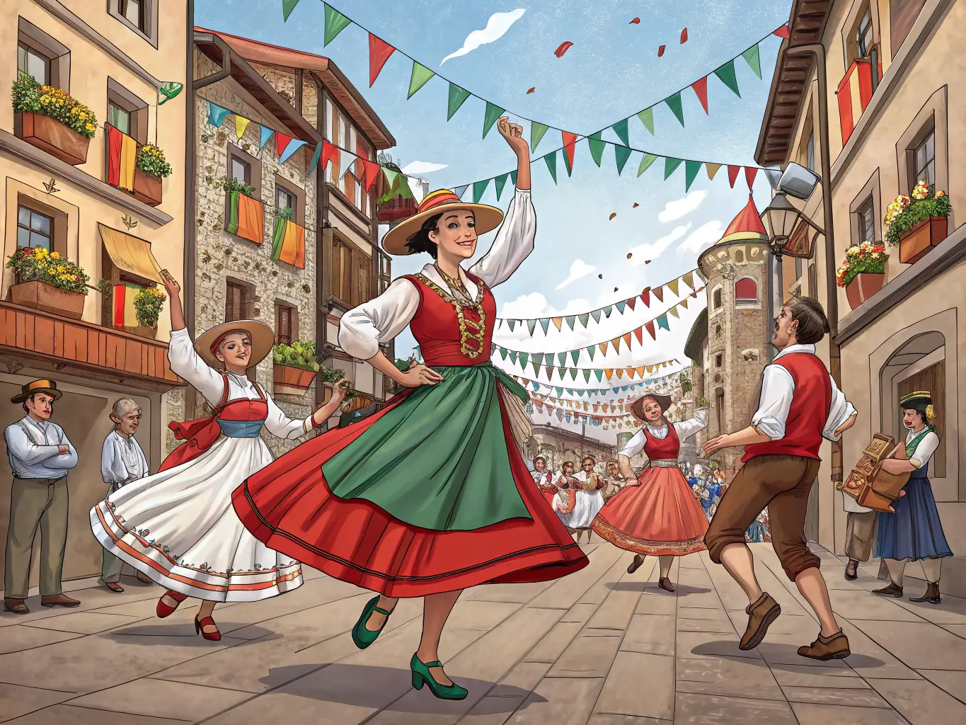 A scenic image of a Basque cultural event, such as a traditional dance or festival, illustrating UDA LEKU's role in preserving and promoting Basque heritage.