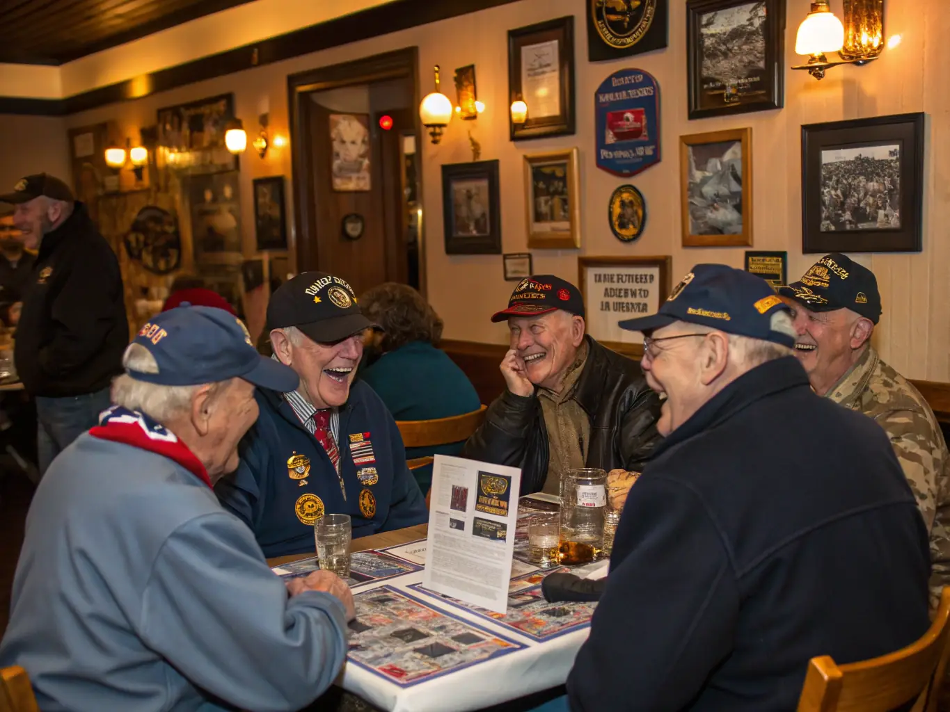 An image of veterans participating in a social event, such as a barbecue or picnic, laughing and enjoying each other's company.