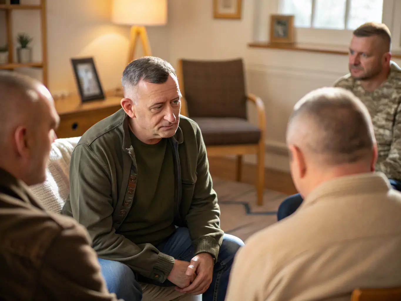 An image of veterans participating in a group therapy session, facilitated by a counselor, in a warm and supportive environment.