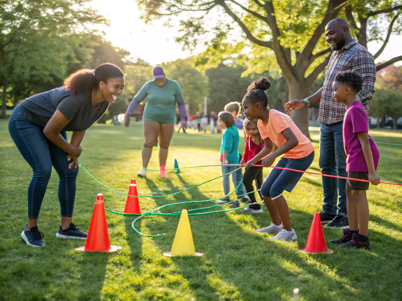 A group of veterans participating in a team-building exercise outdoors, smiling and engaged.