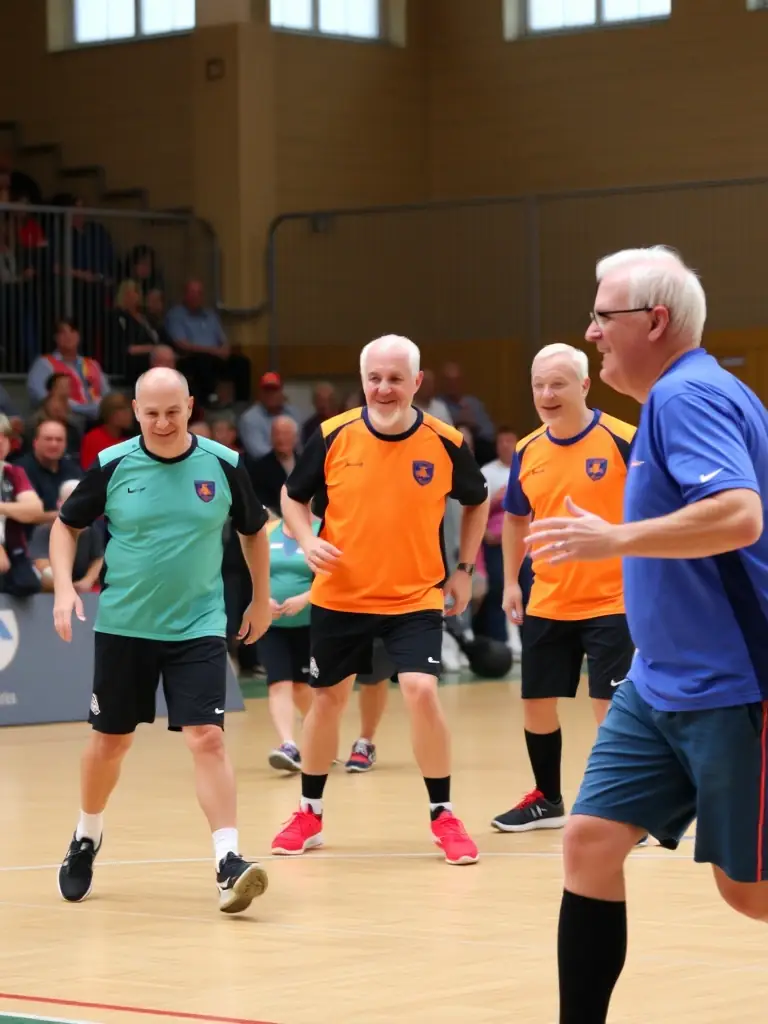 A group photo of senior handball players, aged 40+, smiling and celebrating after a friendly match at CHB CARQUEFOU HANDBALL, promoting camaraderie and lifelong fitness.