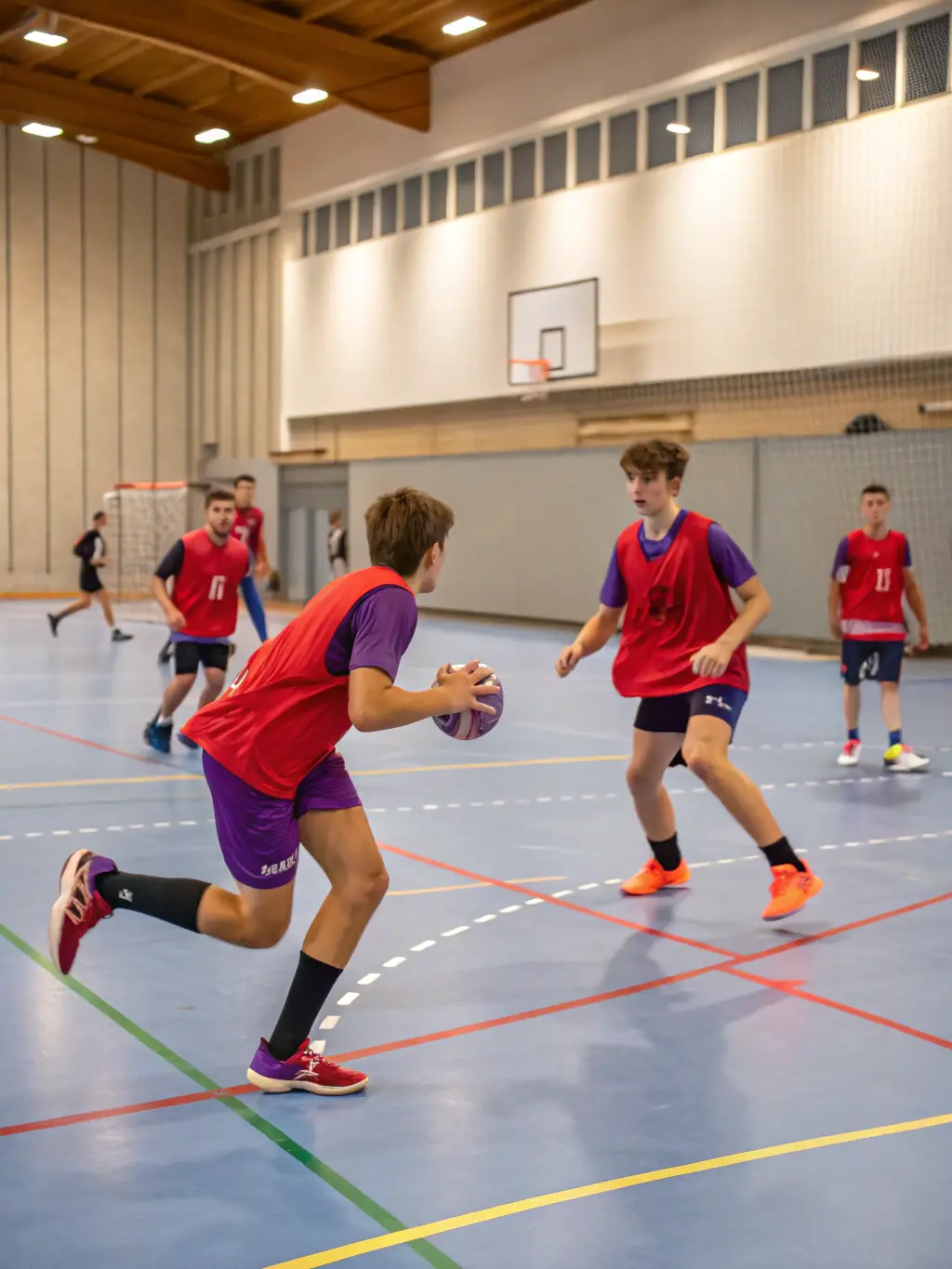 A focused image of adult players practicing advanced handball techniques during a training session at CHB CARQUEFOU HANDBALL.
