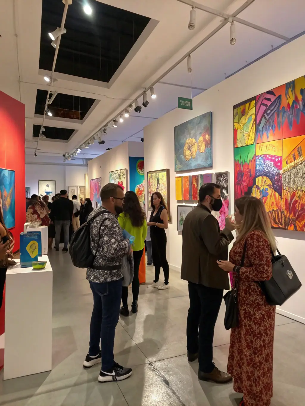 A photograph capturing a vibrant contemporary art exhibition at LA CHAMBRE SAINT-NAZAIRE, showcasing diverse artworks and engaged visitors.