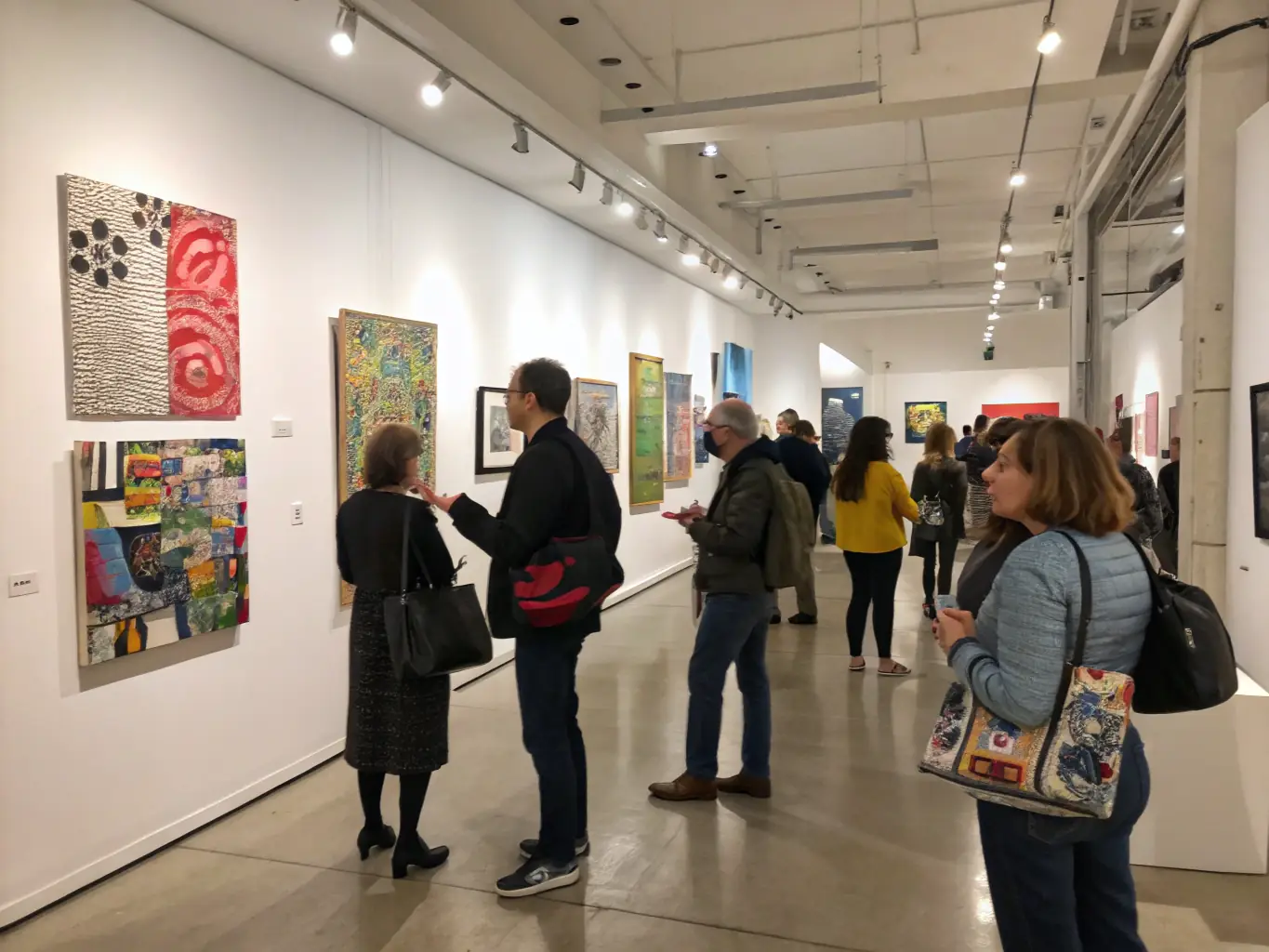 An image of an art gallery space with vibrant contemporary artworks on display, visitors engaging with the art.
