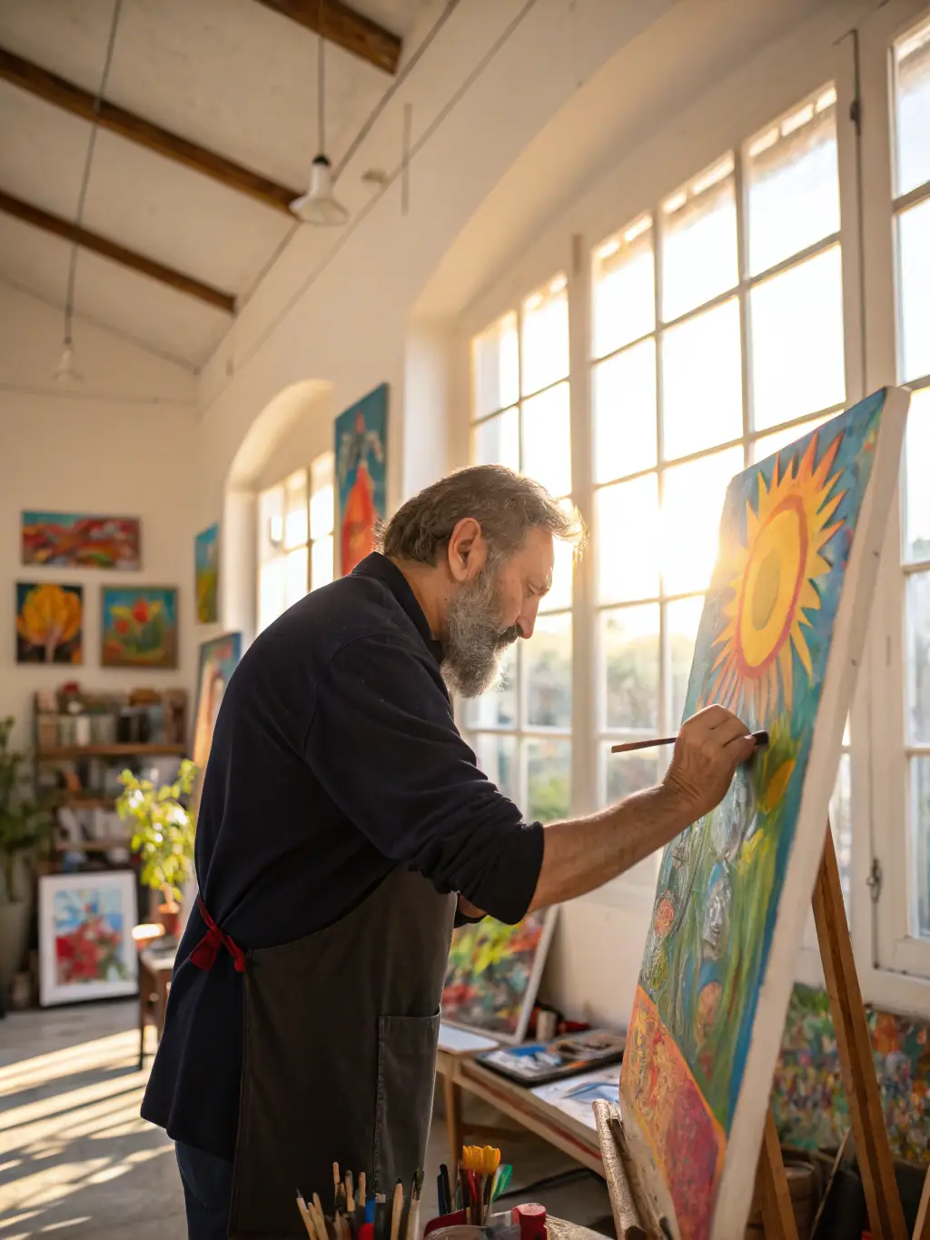 A photograph of an artist working in their studio during a residency program at LA CHAMBRE SAINT-NAZAIRE, surrounded by their art supplies and creations.